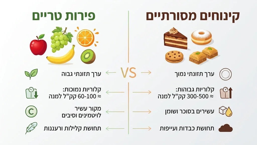 אחרי הכותרת המציגה את השוואת האפשרויות בין פירות לקינוחים, ולפני טבלת ההשוואה פלטת פירות בבאר שבע טרייה וצבעונית לצד כוסות מיץ טבעי