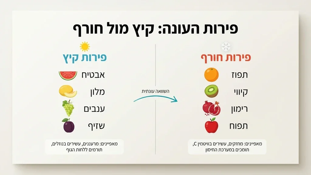 אחרי הפסקה המפרטת על סוגי פירות העונה בקיץ ובחורף מגש פירות העונה בנס ציונה עם פירות טריים